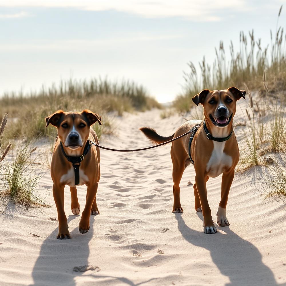 Two dogs walking a sandy dune path on Long Island