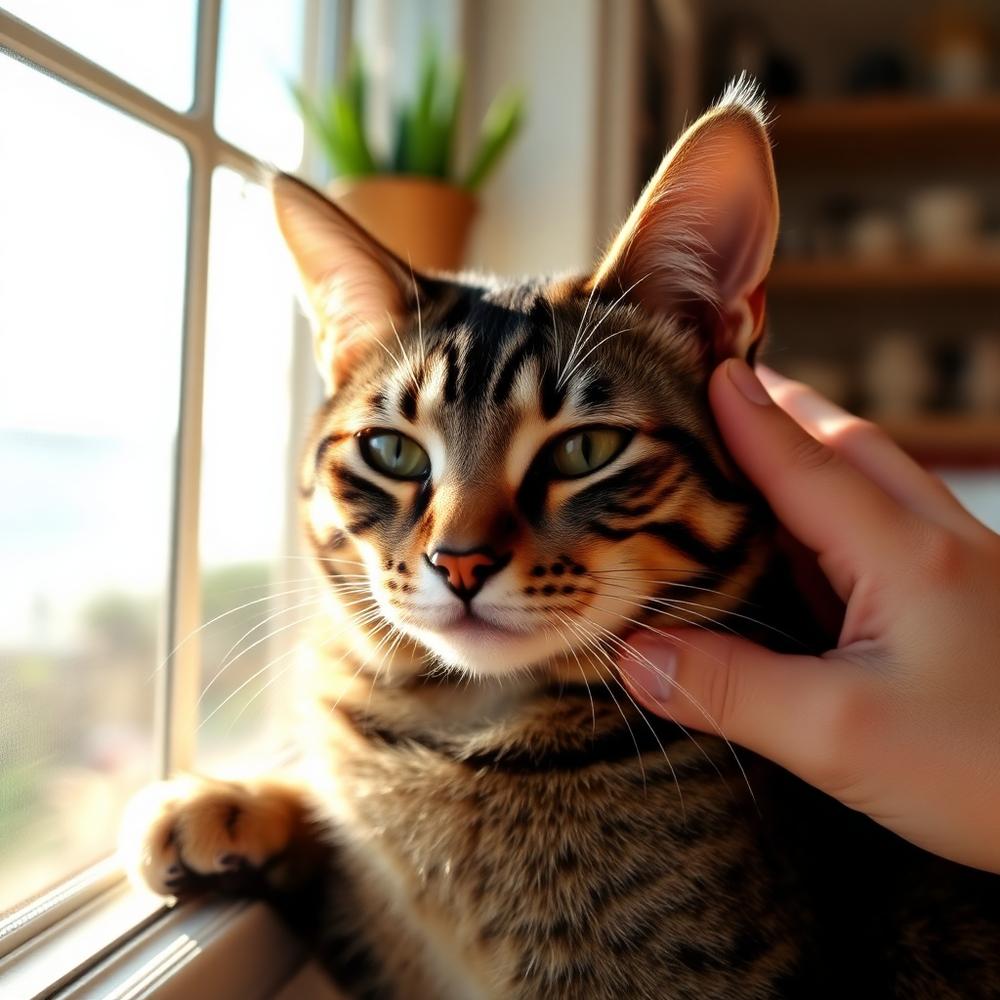 A tabby cat being petted by a sunny window