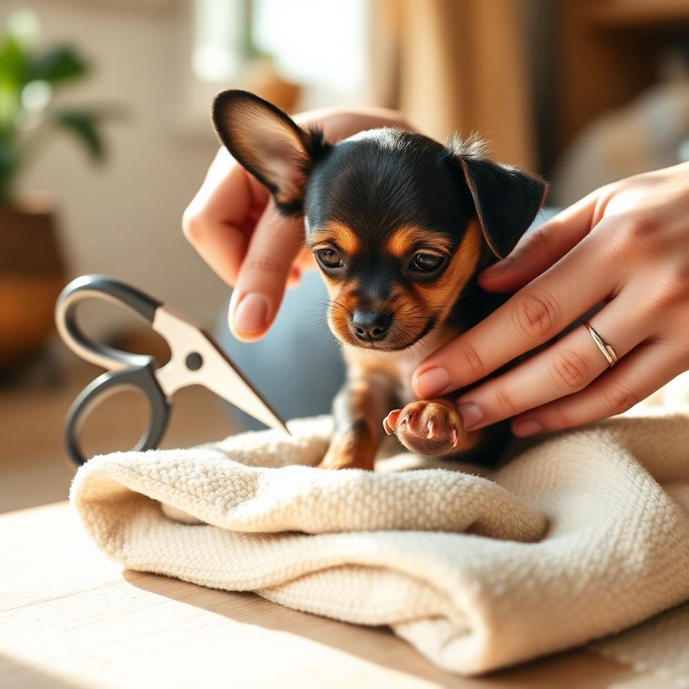A small dog having its nails trimmed at home