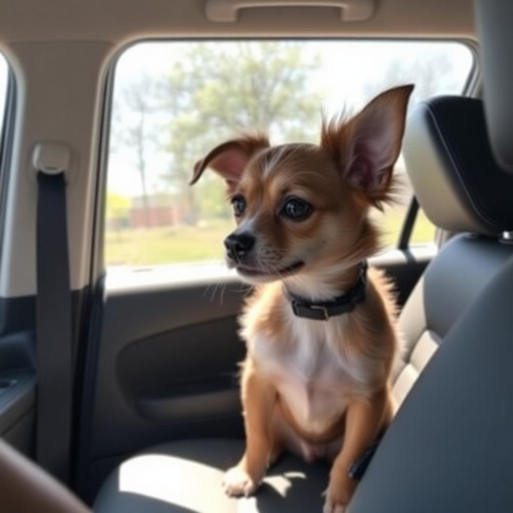 A small dog riding safely in the back seat of a car