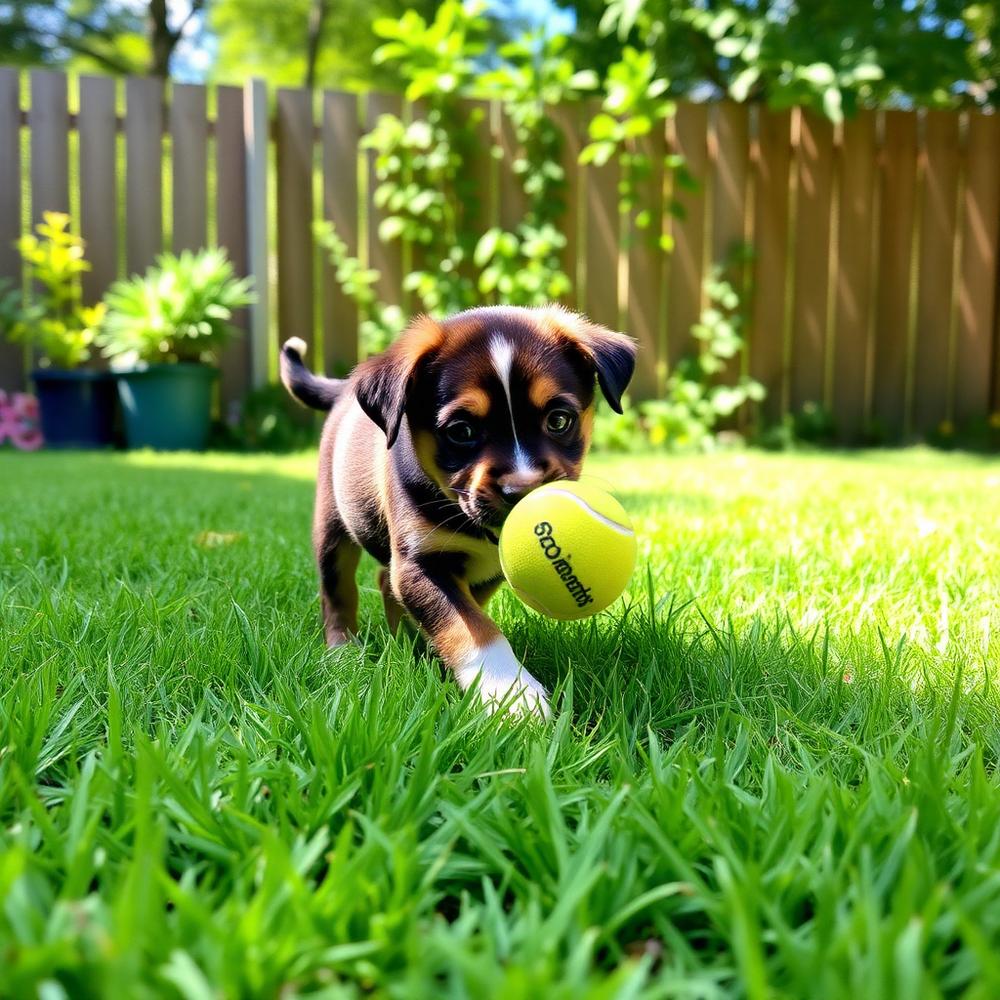 A puppy playing with a ball in a fenced backyard