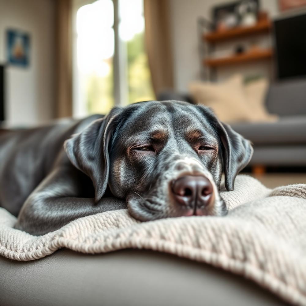 A senior labrador resting on a blanket indoors