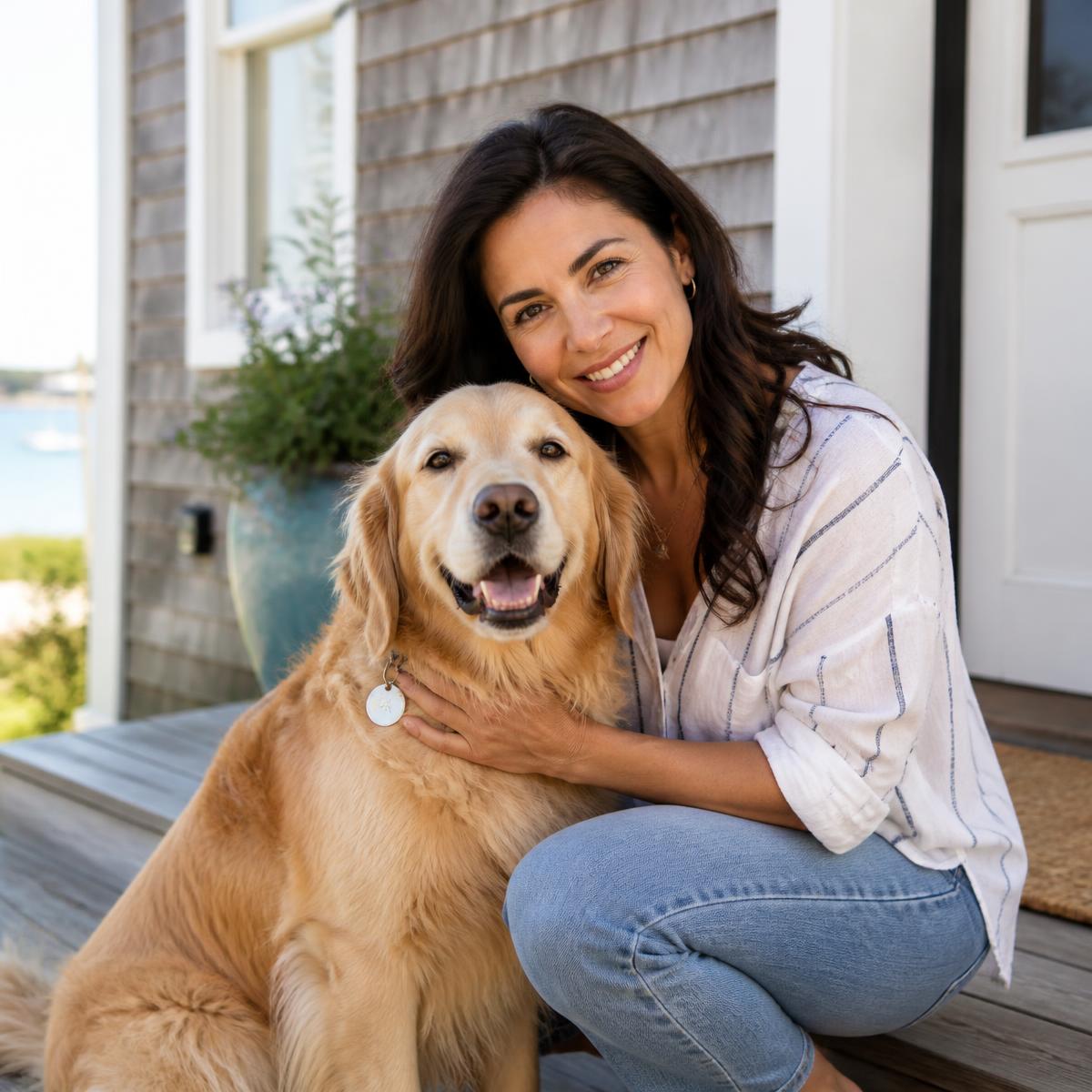 Angelina Escobar, owner of Angelina's Pet Care, with a golden retriever